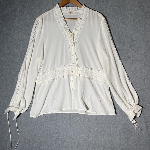 Reba Top Womens XL White Peasant Blouse Ruched Crochet Lace Boho Poet Sheer - Picture 1 of 15
